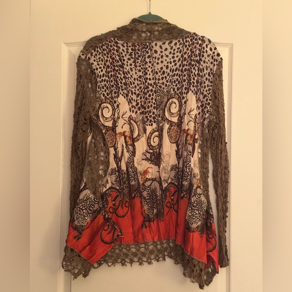 Tempo Paris Brown Crochet Cardigan with Red, Cream and Brown Accents